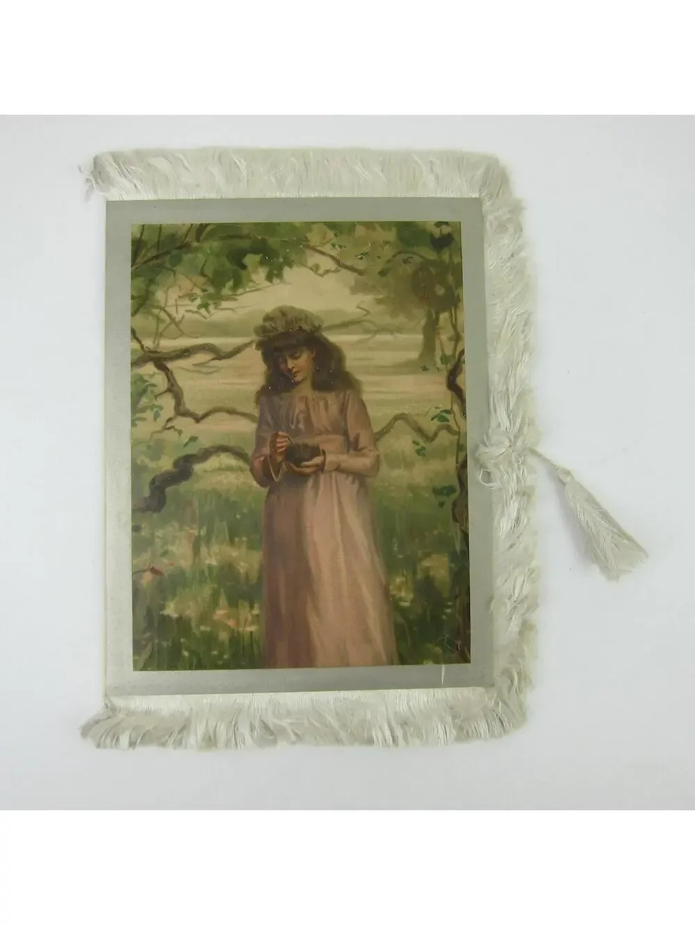 Victorian Valentine Card Girl Holds Bird Nest Silk Fringe 4 Panels Antique 1882